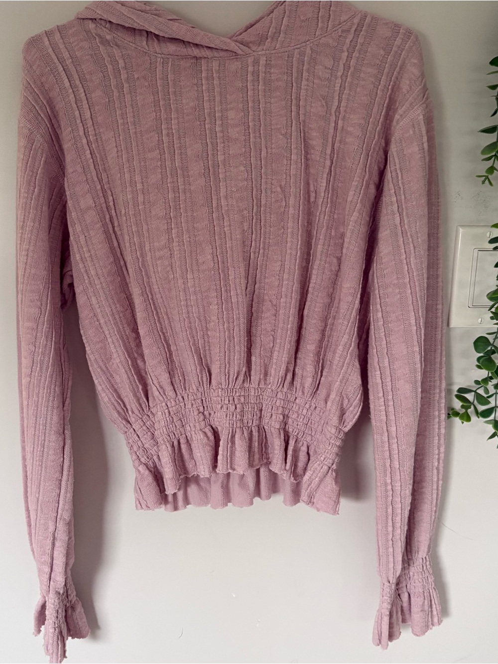 Free People FP Beach Smocked Crop Hoodie Ribbed Textured Dusty Pink S